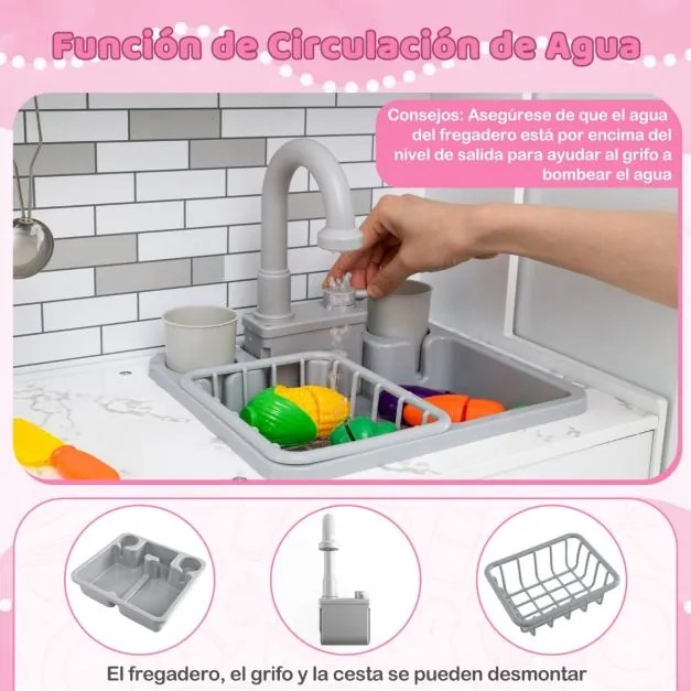 Cozinha brincar de madeira 118 x 29 x 100 cm com luzes e sons Cozinha modular de brincar e frigorífico com funções interativas rosa