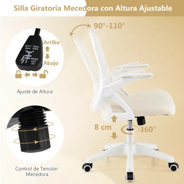 Cadeira de escritório ergonómica com apoio lombar integrado, apoios de braços rebatíveis, rodas universais, altura ajustável, bege