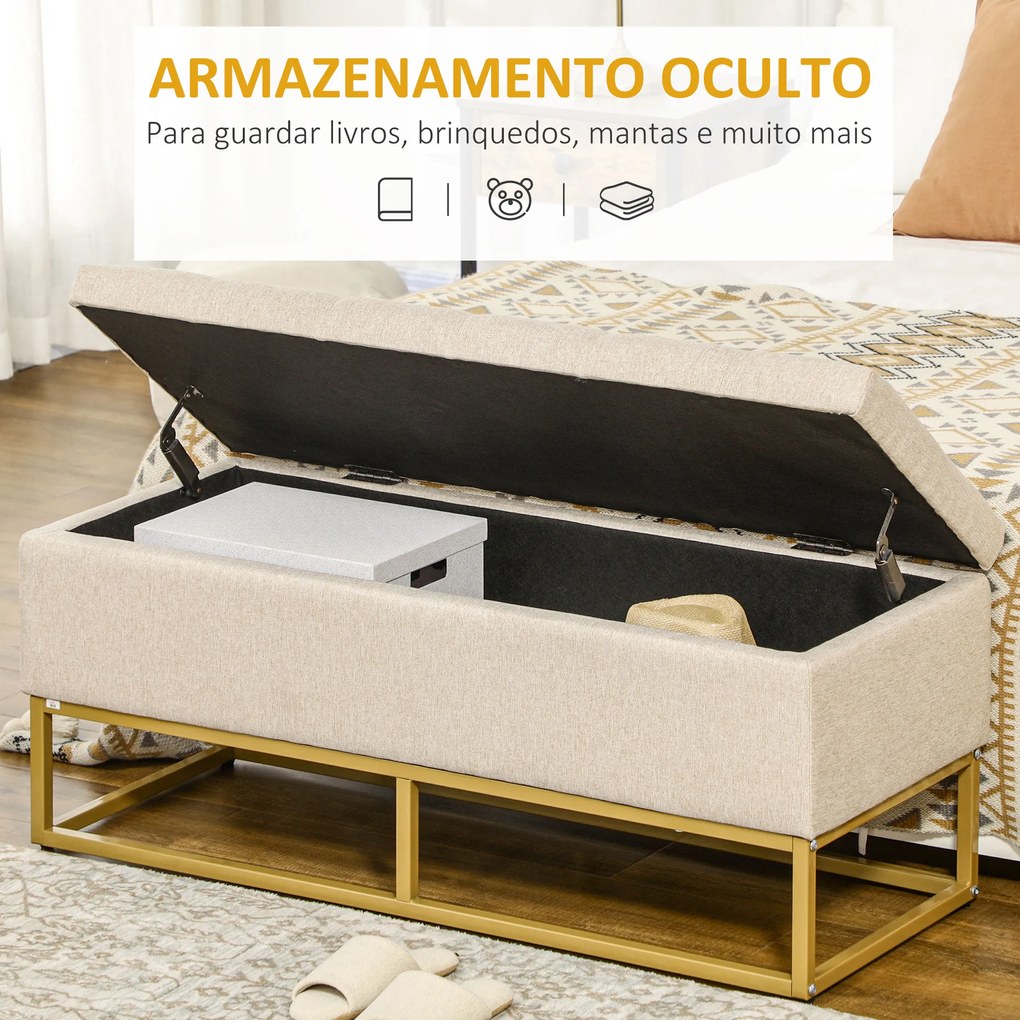 Banco de Armazenamento Retangular Estofado em Linho com Pés de Aço para Sala de Estar Dormitório 110x44x48 cm Bege