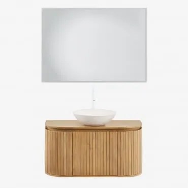 Conjunto De Móvel De Casa De Banho Suspenso Em Madeira De Manga Analis Madeira De Manga & Cimento Redondo Branco Ø40 Cm Zavion & Led - Sklum