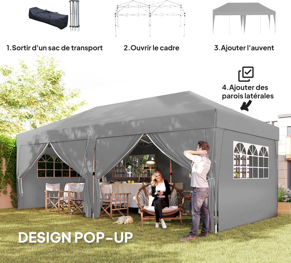 Tenda de jardim para exterior de 3 x 6 m, tenda dobrável com 6 paredes laterais, saco de transporte incluído, cinzento