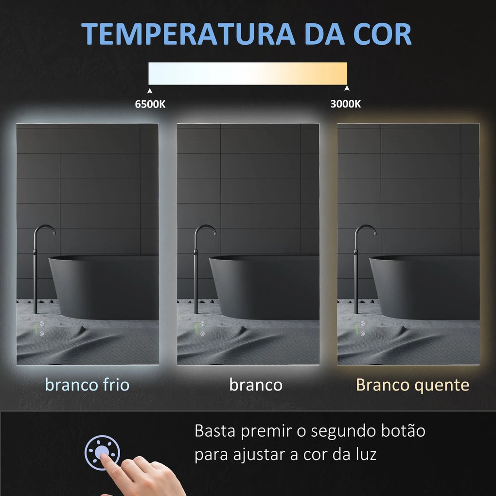 Espelho de Casa de Banho com Luz LED Espelho de Parede Anti-Embaciamento 90x60cm com Interruptor Tátil 3 Luzes Ajustáveis Função de Memória e Estrutur