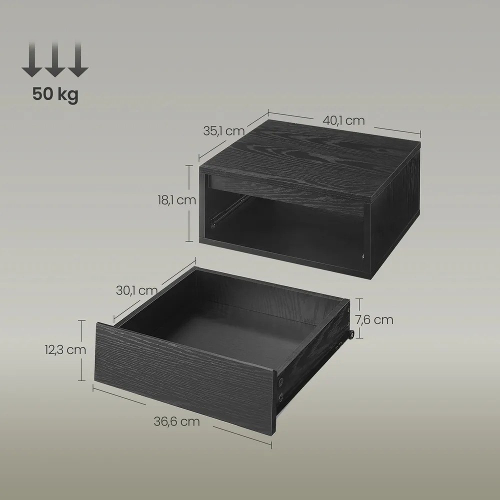 Conjunto de 2 Mesas de cabeceira suspensas 35,1 x 40,1 x 18,1 cm com luz integrada com comando pretas