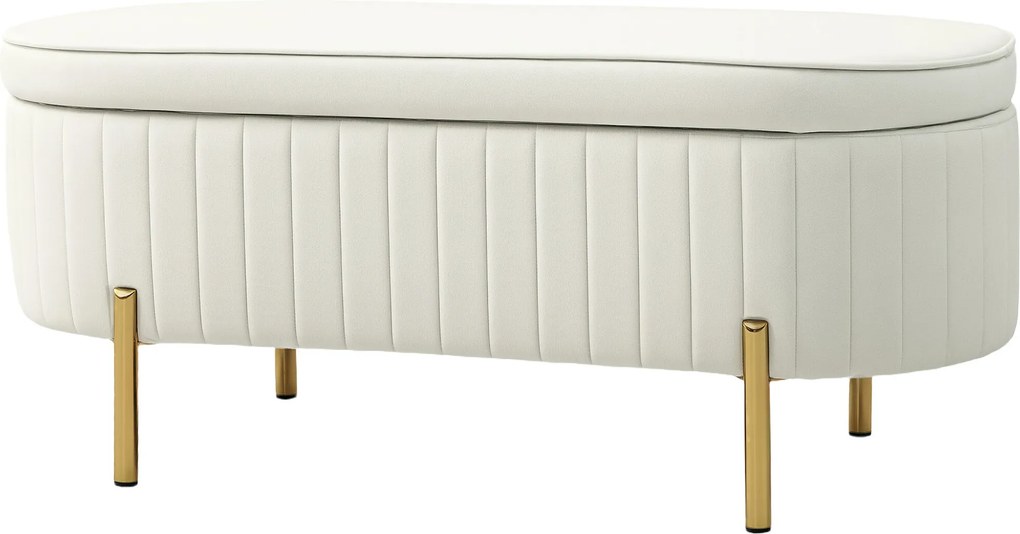 Banco de arrumação, pufe de veludo com tampa, pés de metal, capacidade de 72 L, 108 x 44 x 43,5 cm, creme