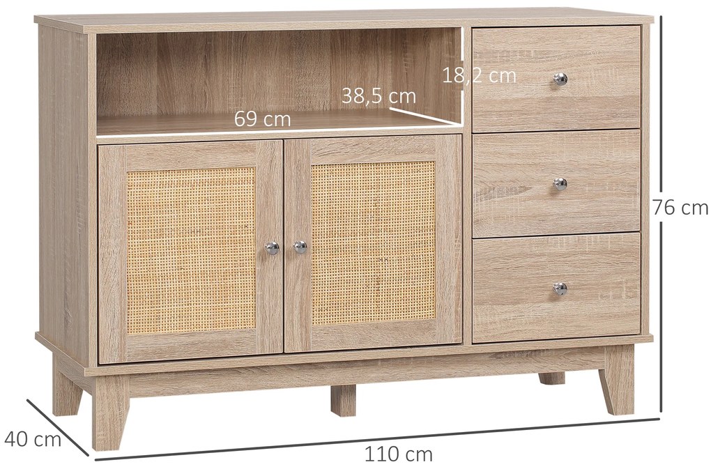 HOMCOM Aparador de Cozinha com 2 Portas de Vime 3 Gavetas e Prateleira Aberta Móvel Buffet Auxiliar para Sala de Jantar Anti-Tombo 110x40x76cm Carvalho