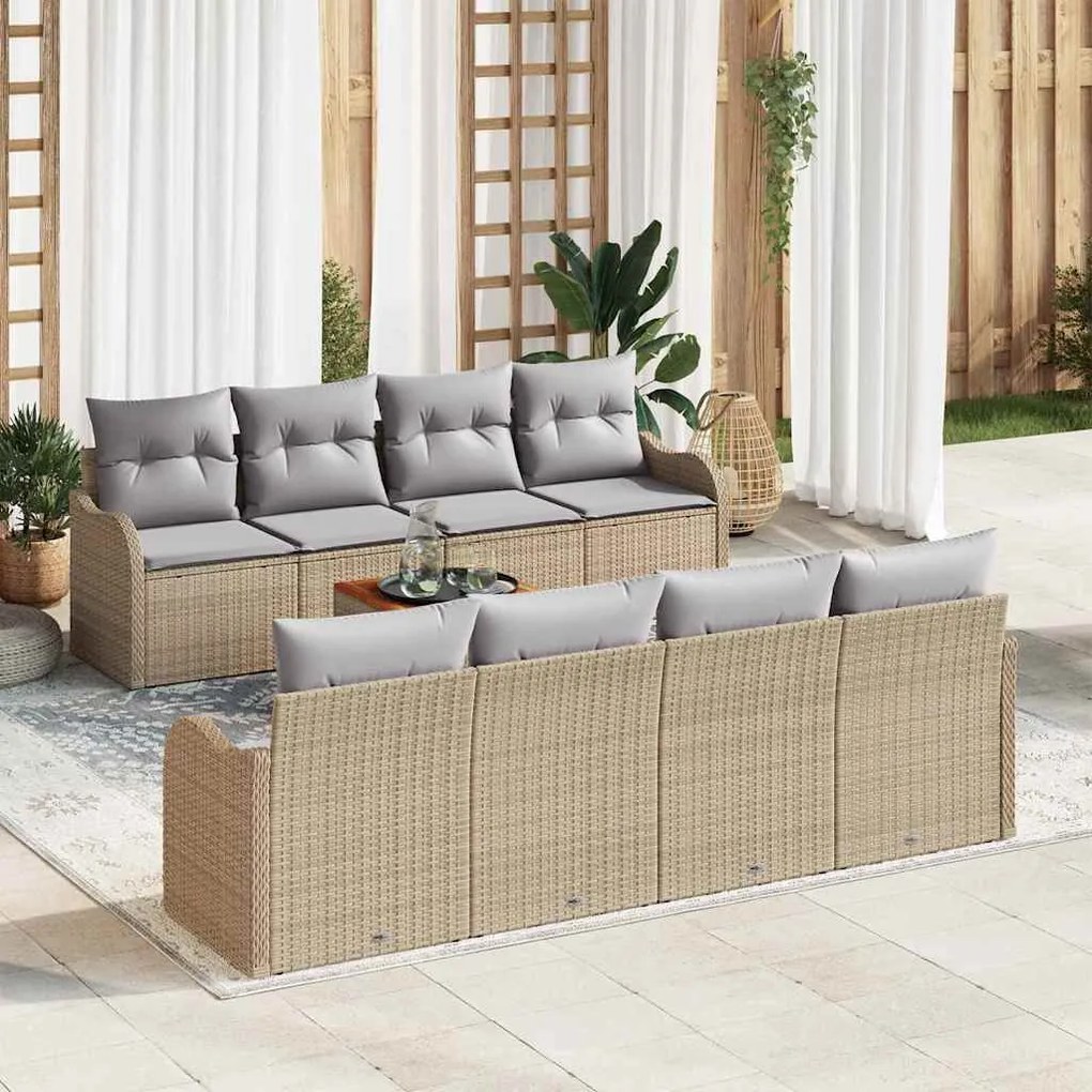 vidaXL Conjunto de Sofá de Jardim 9 Peças com Almofadas Bege em Rattan Sintético e Acácia.
