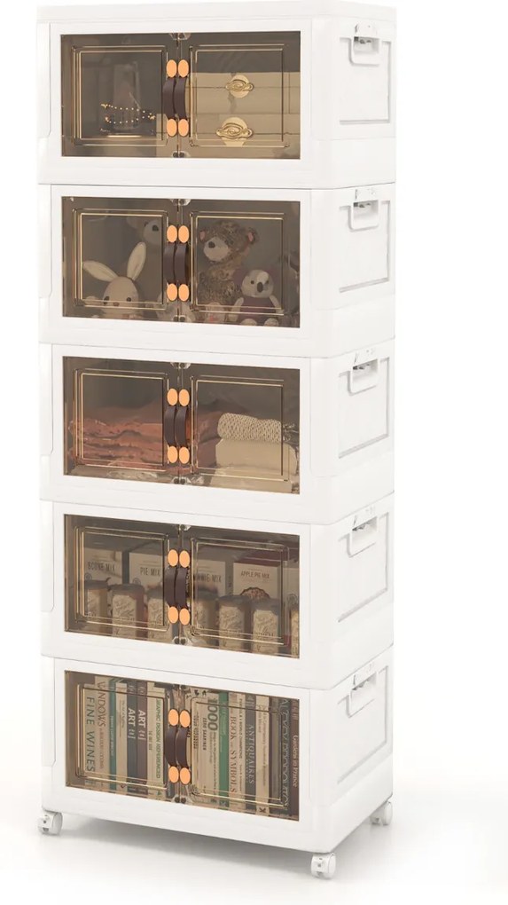 Conjunto de 5 caixas arrumação empilháveis com portas de rodas com fecho e tampas dobráveis em PP para o quarto 59,5 x 37,5 x 169 cm Branco