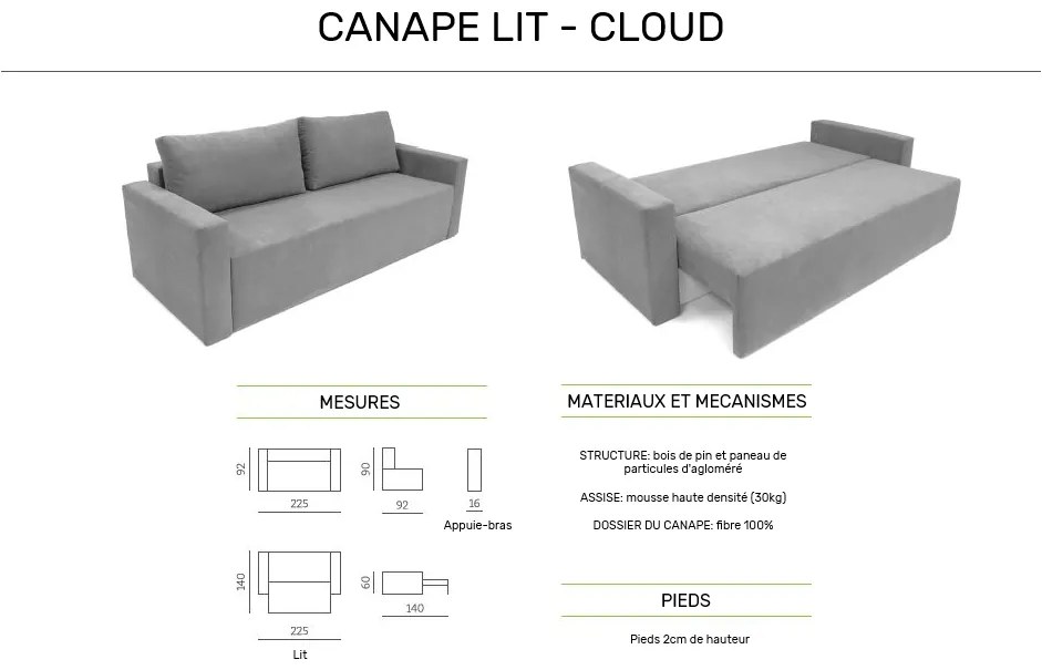 Sofá-cama CLOUD, cinza claro, conversível em cama, baú. Máximo Relaxamento e Conforto - com Sistema Pull-out 225x92x92cm