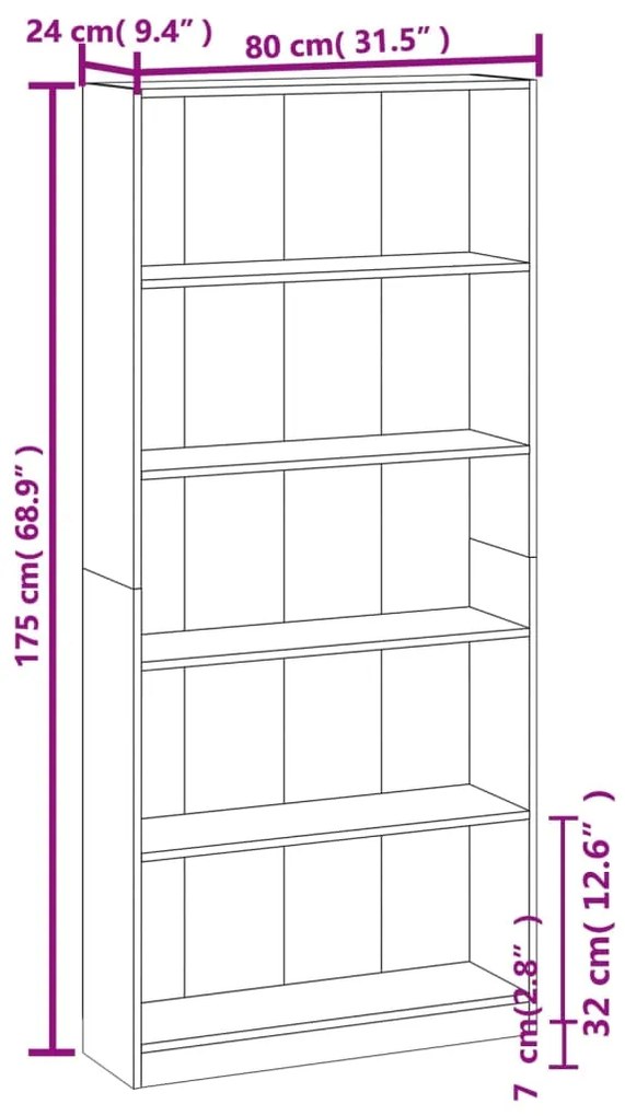 Estante 5 prat. 80x24x175cm derivados madeira sonoma cinzento