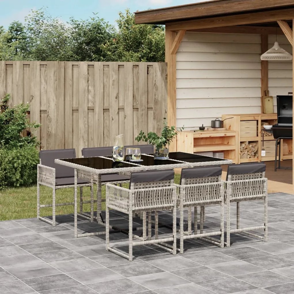 vidaXL 7 pcs conj. jantar p/ jardim c/ almofadões vime PE cinza-claro
