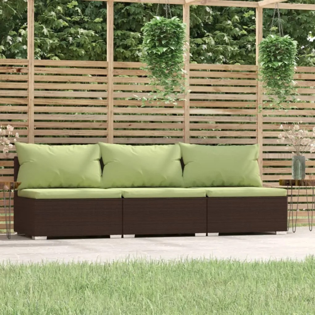 vidaXL Sofá de jardim 3 lugares com almofadões vime PE castanho