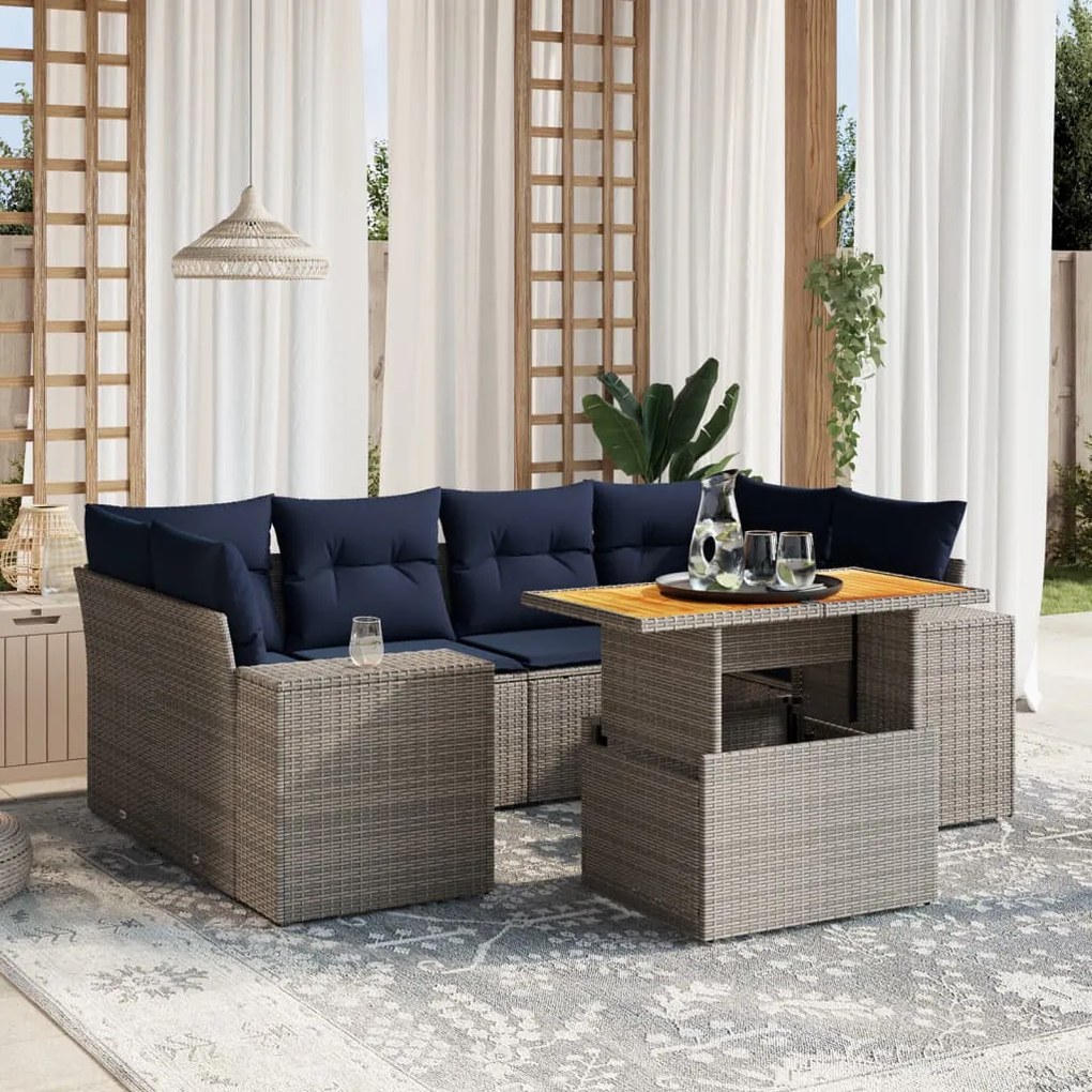 vidaXL 7 pcs conjunto sofás p/ jardim c/ almofadões vime PE cinzento