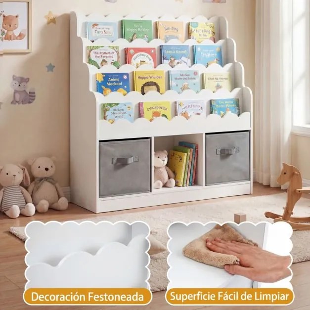 Estante infantil com 4 prateleiras, 3 compartimentos e 2 gavetas 90 x 30 x 91,5 cm, com tecido organizador para brinquedos, a partir dos 3 anos, para