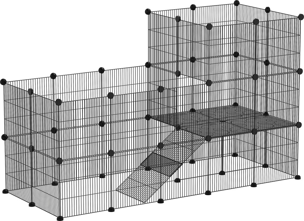 PawHut Cercado Metálico com 39 Painéis para Porquinhos-da-Índia e Ouriços-cacheiros, 2 Níveis, 140x70x105 cm, Preto | Aosom Portugal