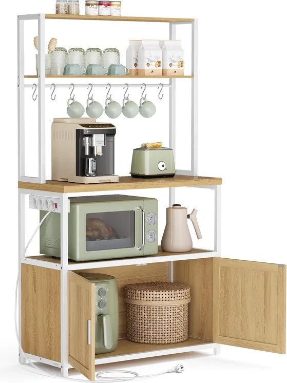 Armario de cozinha 40 x 80 x 170 cm com tomadas e 8 ganchos, cor carvalho dourado e branco