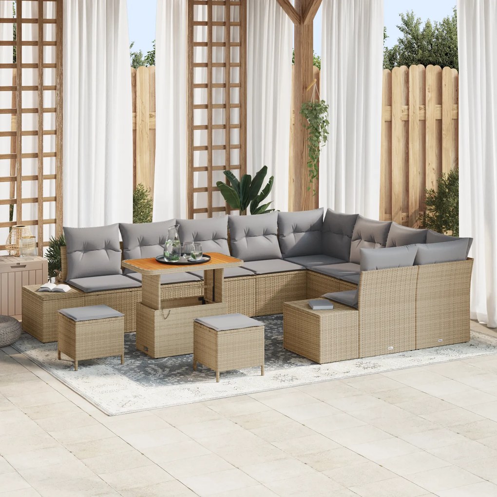 Conjunto de Sofá de Jardim de 12 Peças com Almofadas Bege Rattan Sinté