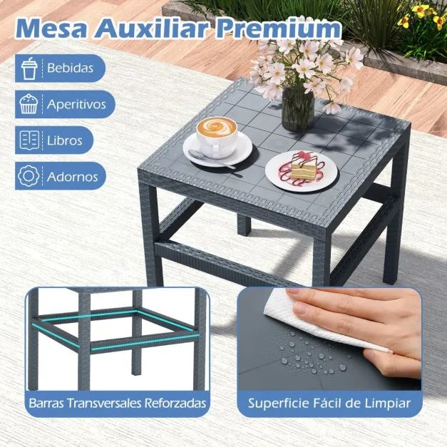 Conjunto de móveis de jardim de 3 peças com 2 cadeiras de rattan e mesa auxiliar de rattan PP Cinzento