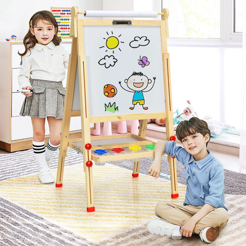 Quadro Infantil 3 em 1 Quadro Dupla Face com Quadro Branco e Quadro Preto Rolo de Papel Ajustável em Altura com Acessórios Completos