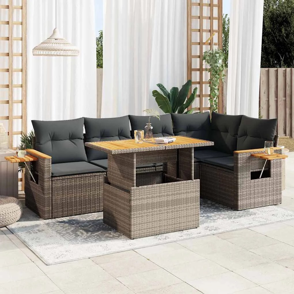 6 pcs conjunto sofás jardim com almofadões PE/acácia cinzento
