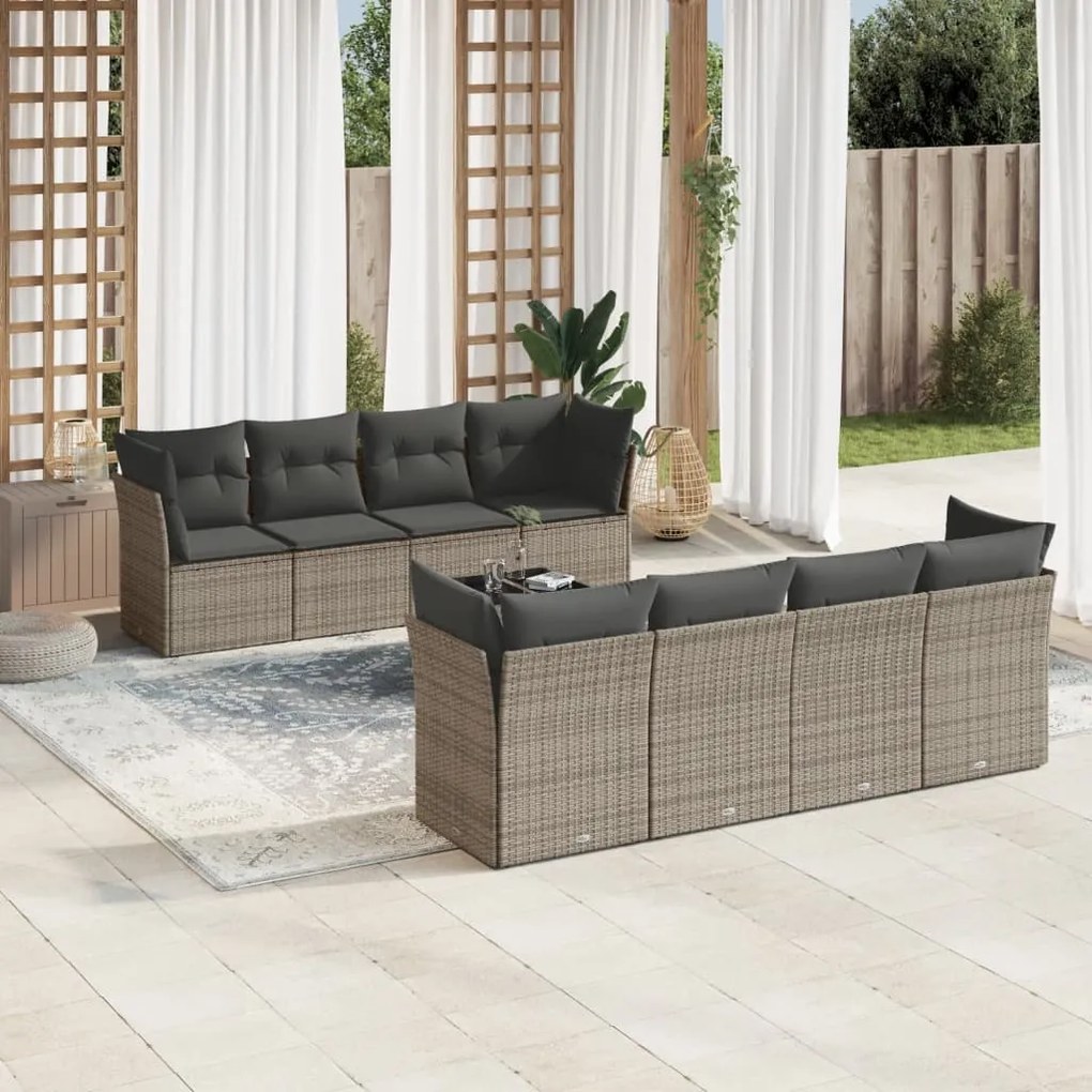 9 pcs conjunto sofás p/ jardim com almofadões vime PE cinzento