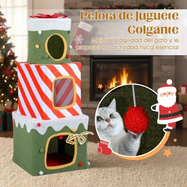 Arranhador de Natal para gatos de interior 49 x 49 x 120 cm com escalada para gatos com 3 casas e cavernas para se esconder Bola pendente verde