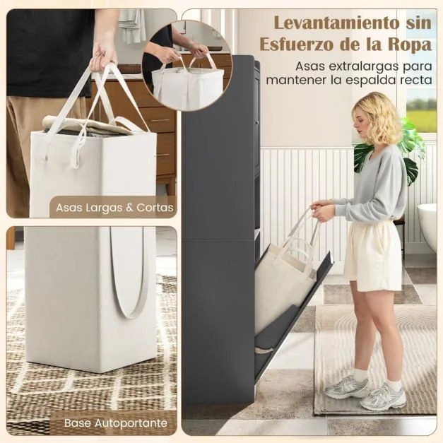 Armário de banho com prateleira ajustável e saco de roupa suja com alças longas e curtas para banheiro 40 x 40 x 170 cm cinza