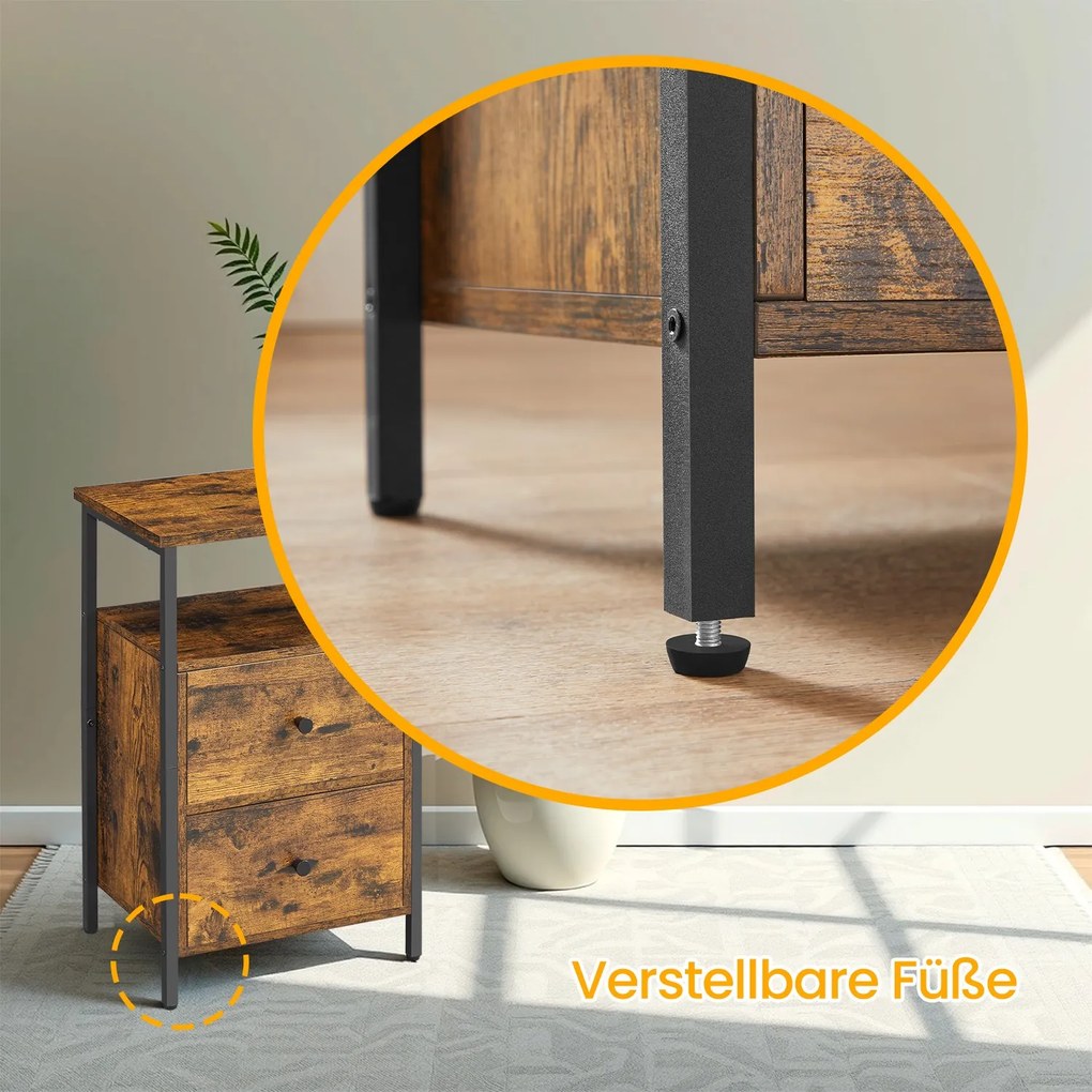 Mesa de cabeceira, mesa de apoio, com 2 gavetas 38 x 28 x 60 cm Castanho Vintage -preto