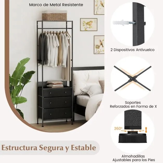 Guarda Roupa com gavetas com barra para pendurar e prateleiras para entrada do quarto 55 x 28 x 176 cm Preto