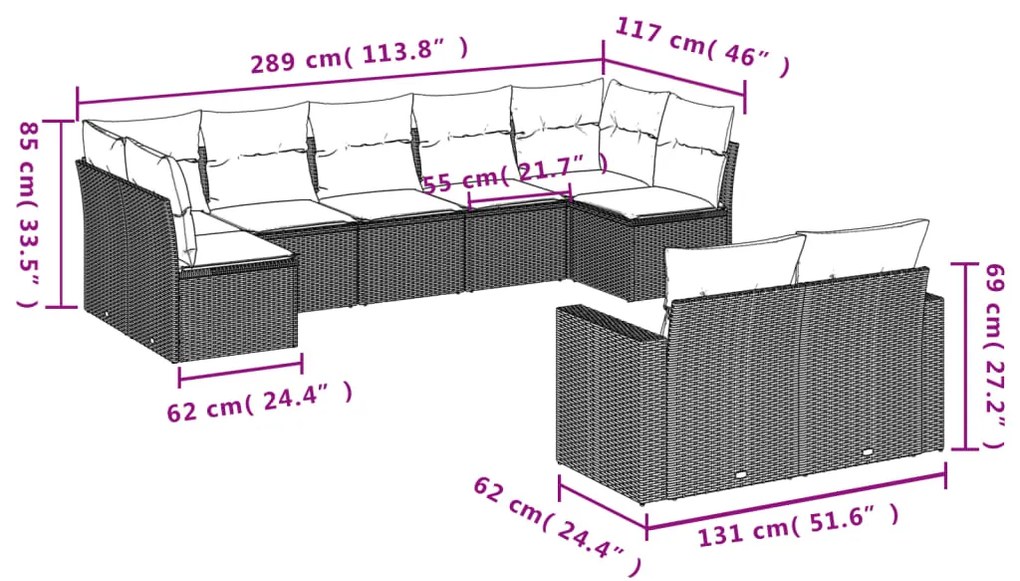 9 pcs conjunto de sofás p/ jardim com almofadões vime PE bege