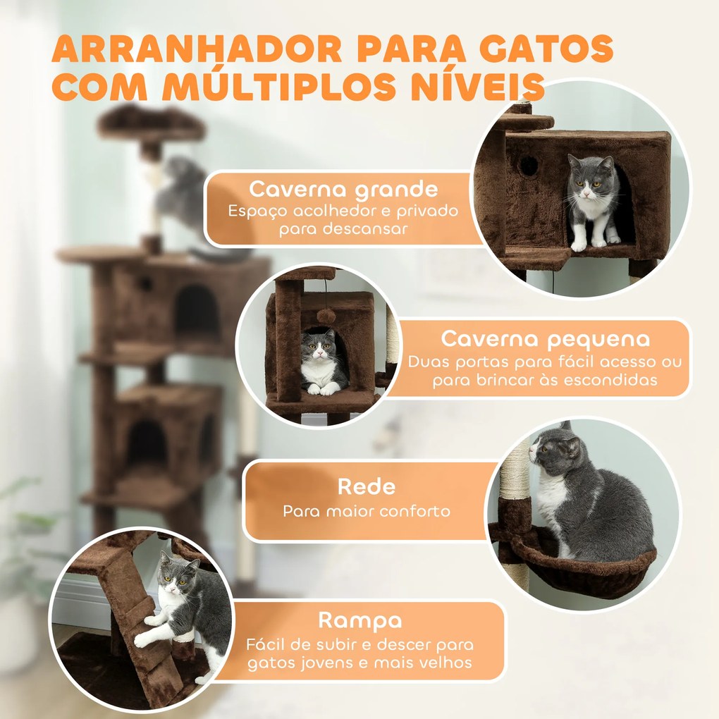 Arranhador para Gatos com Múltiplas Plataformas Cama 2 Cavernas Rede Escada Postes de Sisal 56x56x180 cm Castanho