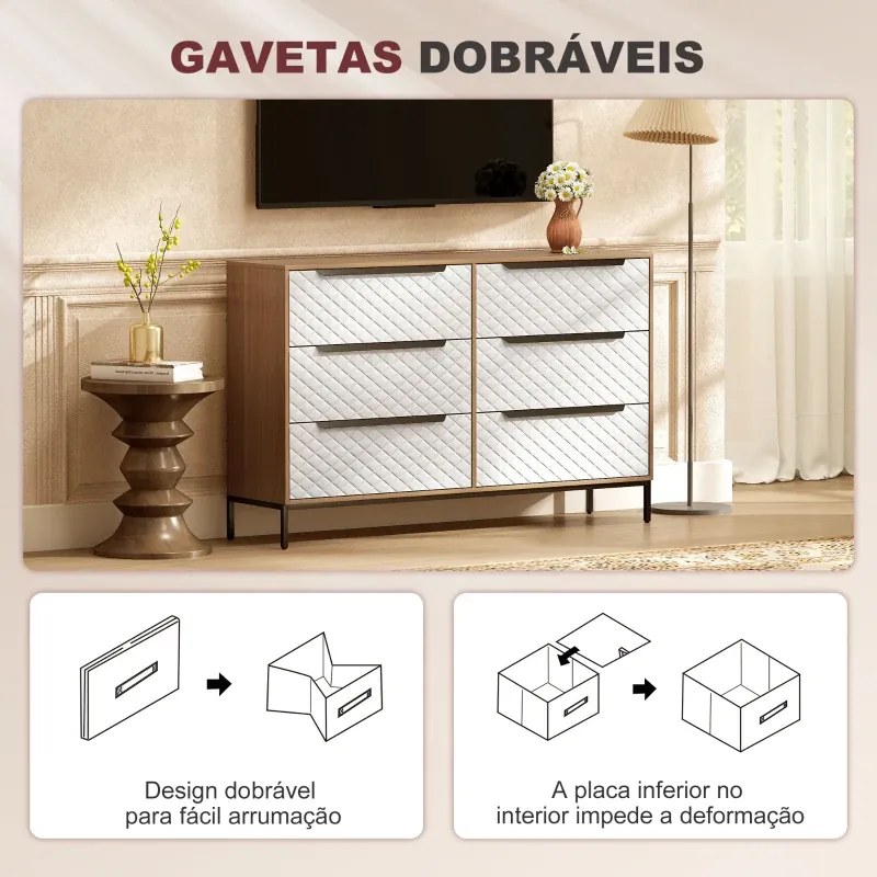 Cómoda com 6 Gavetas de Tecido Frentes com Padrão de Diamante Móvel de Arrumação 117,5x30x73,5 cm Madeira e Branco