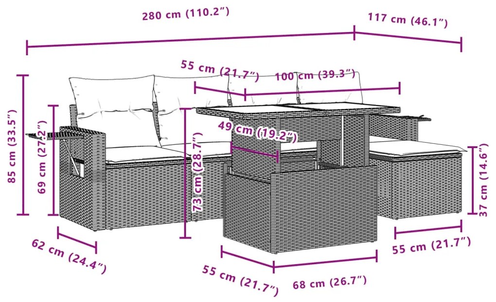 6 pcs conj. sofás jardim com almofadões vime PE cinzento-claro