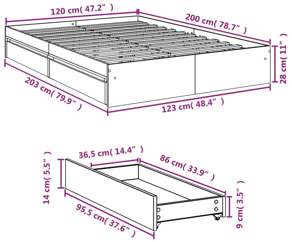 Estrutura de cama c/ gavetas 120x200cm derivados madeira branco