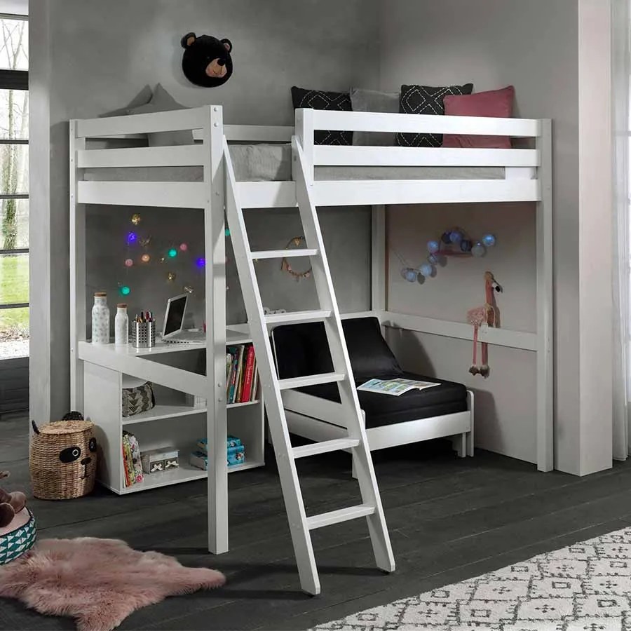 Conjunto Cama alta de Criança PINO 140 x 200 cm + estrado + escada + estante + sofá-cama Branca