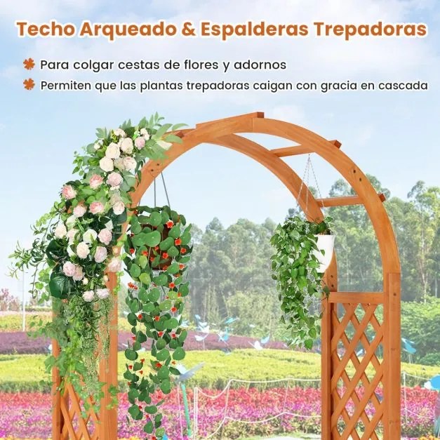 Floreira elevada com treliça em em arco 83 x 36 x 146 cm, drenagem e caixa de madeira elevada para trepadeiras, ervas e vegetais. Castanho avermelhado