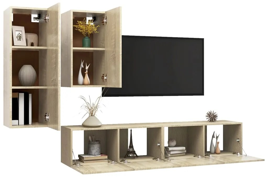 4 pcs conjunto de móveis TV derivados madeira carvalho sonoma