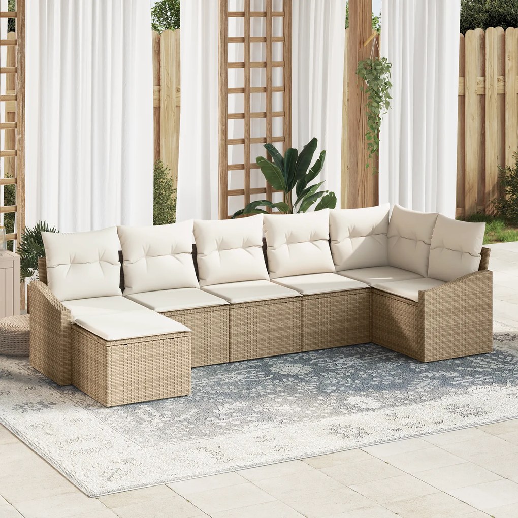 vidaXL Conjunto de Jantar de Jardim de 7 Peças com Almofadas Bege Rattan Poliéster