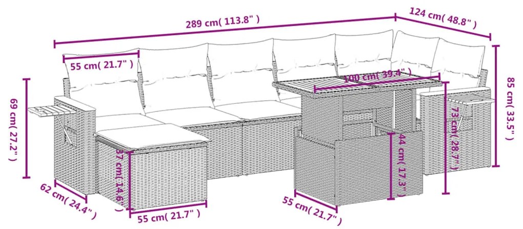8 pcs conjunto sofás de jardim com almofadões vime PE preto