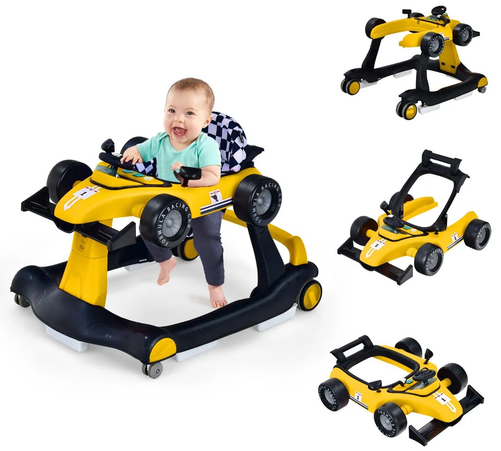 Andador 4 em 1 para crianças, dobrável, atividade de empurrar, com altura ajustável e carrilhão de velocidade com luzes, volante Amarelo