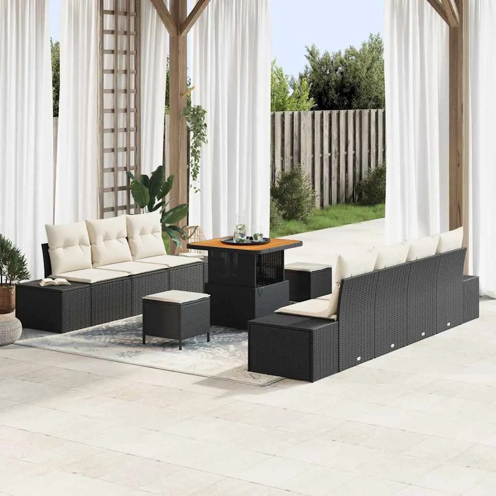 Conjunto de Sofá de Jardim vidaXL com Almofadas Preto Vime Acácia