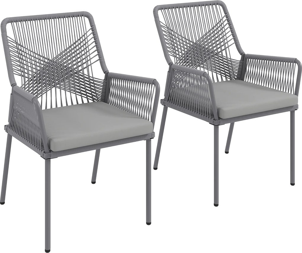 Outsunny Conjunto de 2 Cadeiras de Jardim, Cadeiras de Terraço, Almofadas Laváveis, Encosto, Apoios de Braço, Aço, Rattan, Cinza Escuro | Aosom Portugal