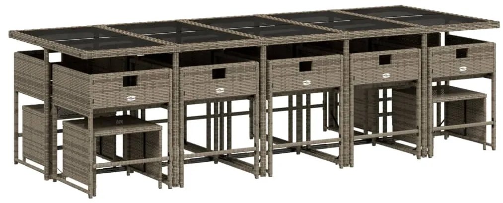 15 pcs conjunto jantar p/ jardim c/ almofadões vime PE cinzento