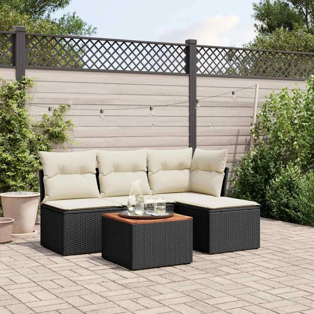 5 pcs conjunto sofás de jardim com almofadões vime PE preto