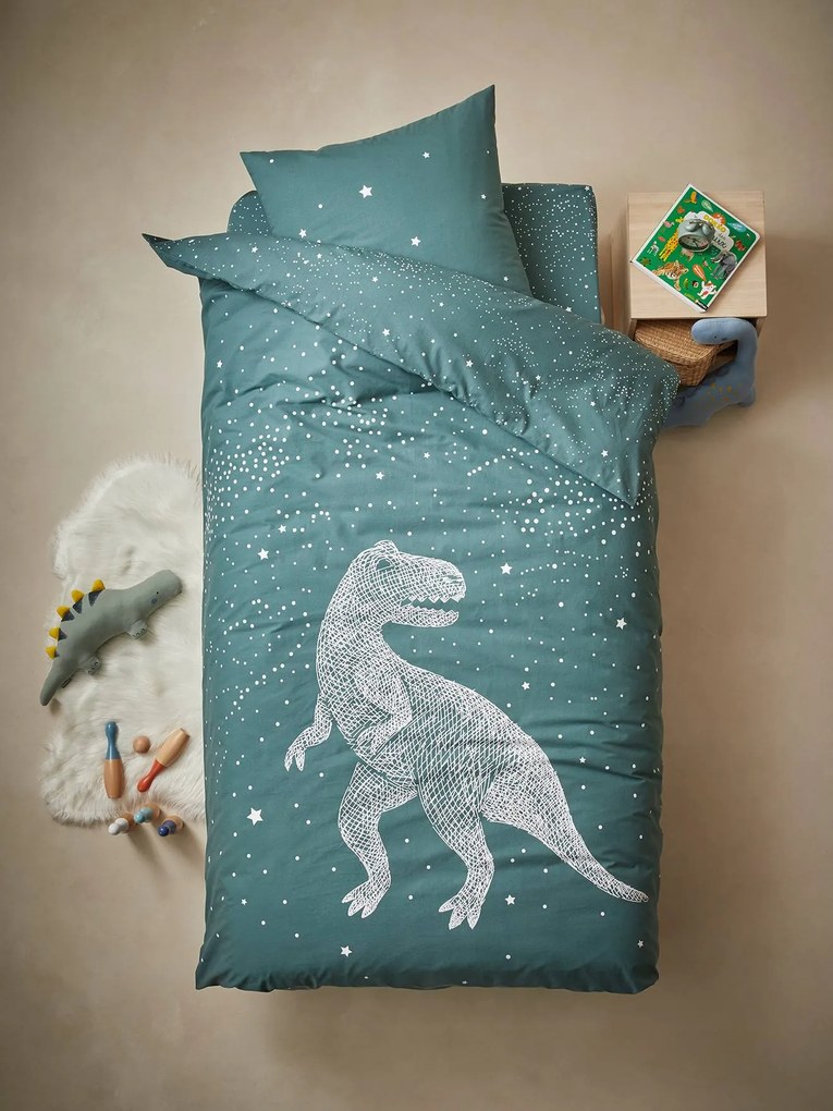 Agora -25% | Conjunto capa de edredon + fronha de almofada com detalhes fosforescentes, Dinossauro Gráfico verde escuro liso com motivo