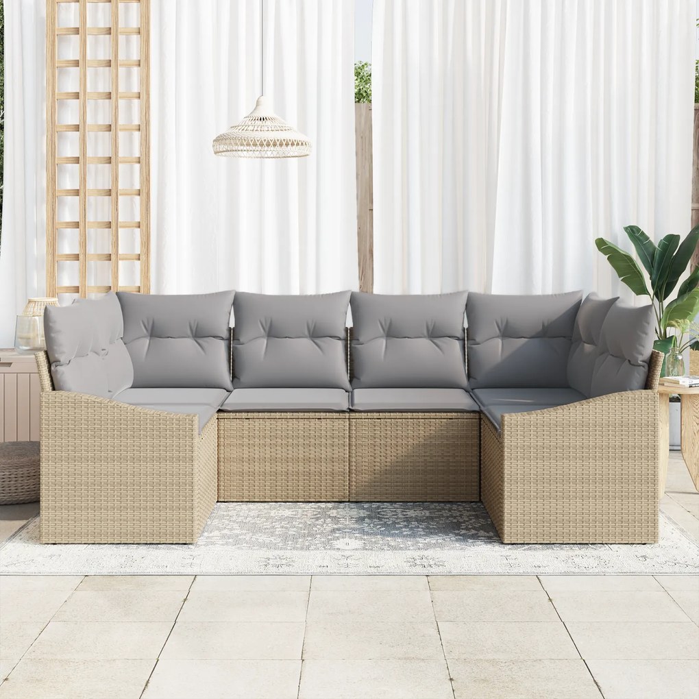 Conjunto de Sofá de Jardim de 6 Peças com Almofadas Bege Rattan Poliés