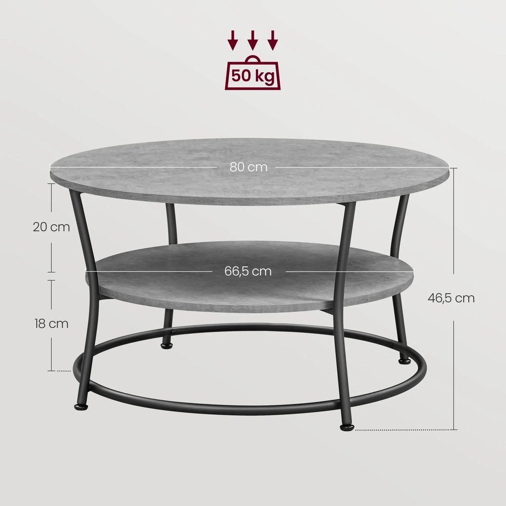 Mesa de centro redonda com prateleira design industrial 80 cm d, 46,5 cm cinzento-preto