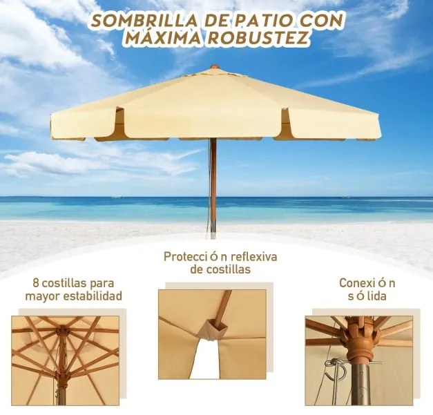 Guarda-sol de exterior 300 x 253 cm com botão manual 8 hastes de madeira Tecido de poliéster impermeável para jardim Praia Piscina Bege