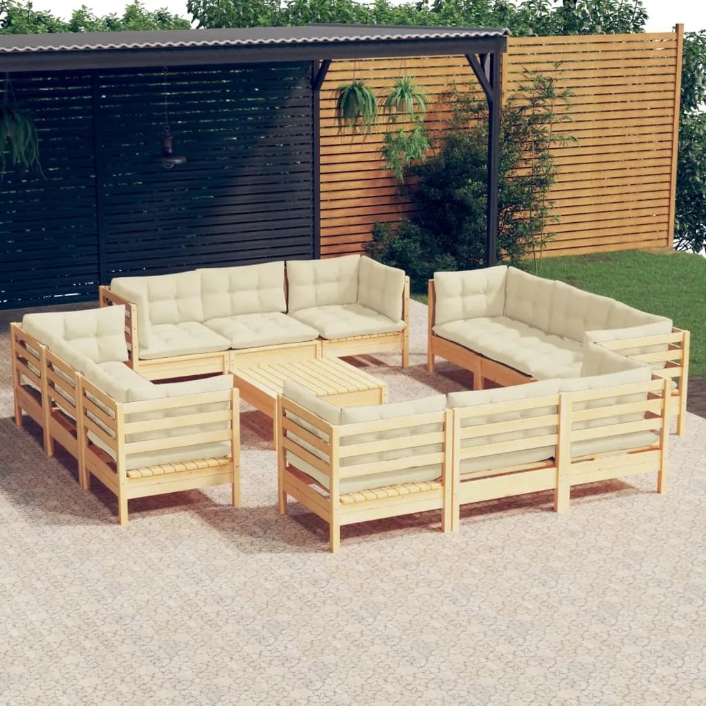 vidaXL 13 pcs conjunto lounge jardim c/ almofadões cor creme pinho