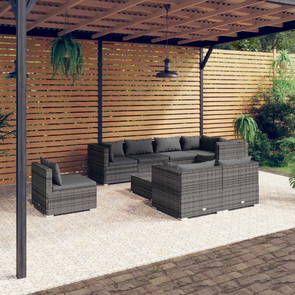 vidaXL 9 pcs conjunto lounge de jardim c/ almofadões vime PE cinzento