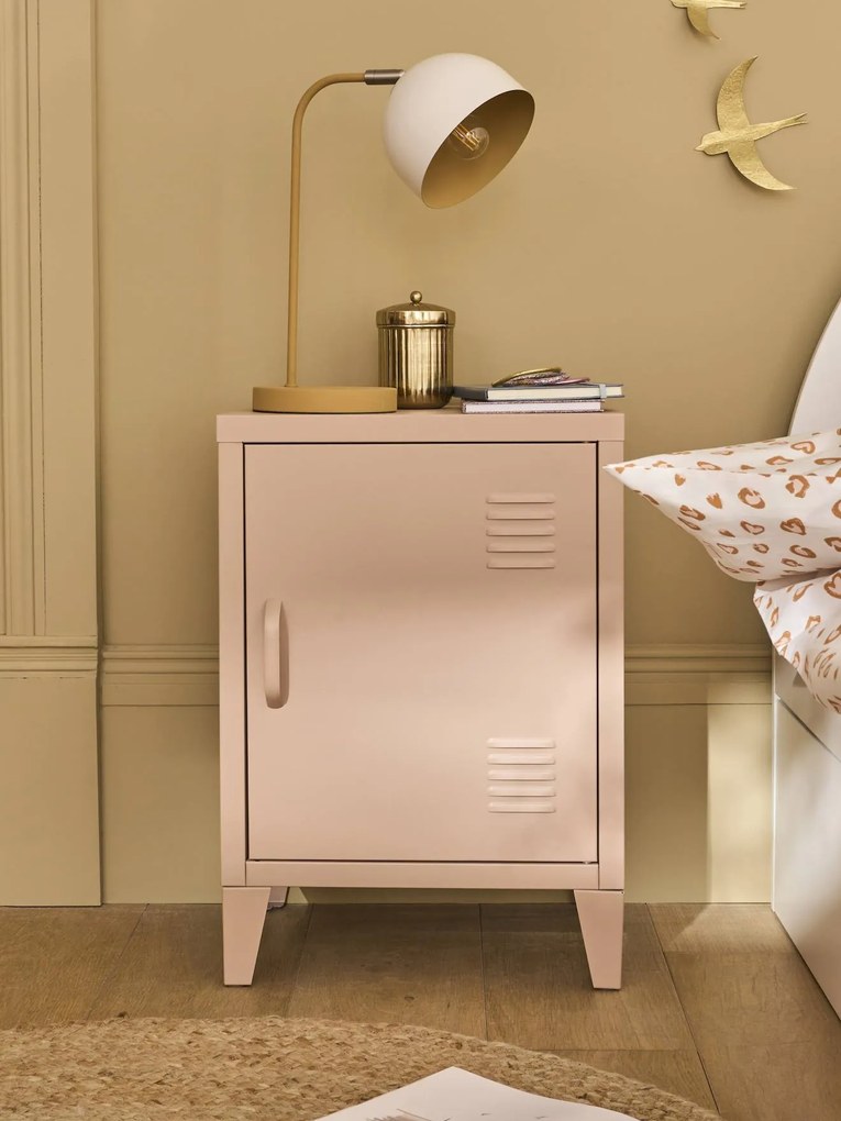 Mesa de cabeceira com 1 porta, em metal rosa